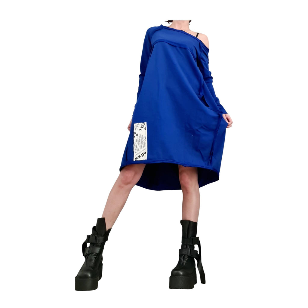 Royal Blue French Terry One Shoulder Dress, Asymmetric High Low Hem, Oversized Tunic Sweatshirt