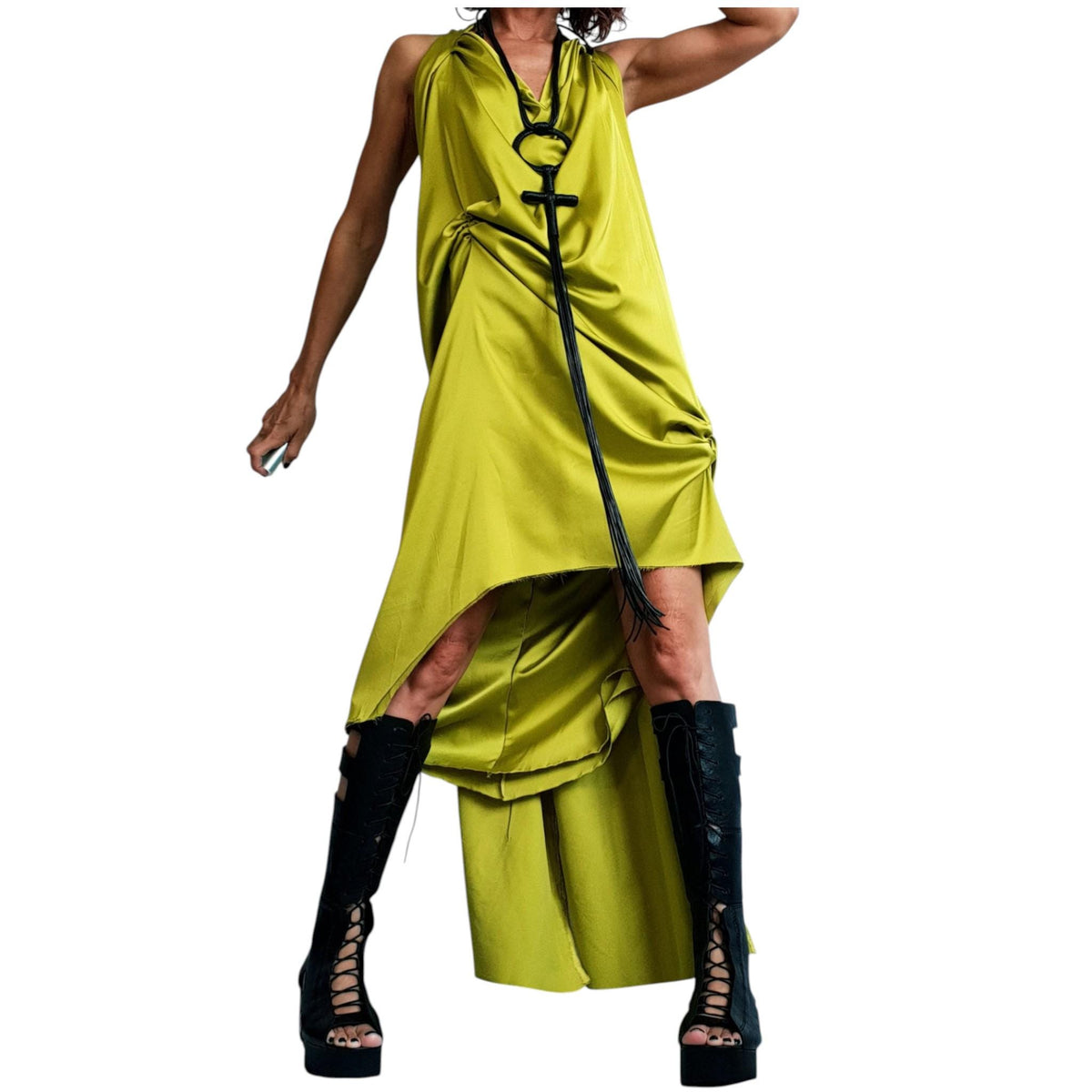 Mustard Satin Asymmetric Tunic, Open Back Mini Dress, Fitted Silhouette, Avant Garde Clothing