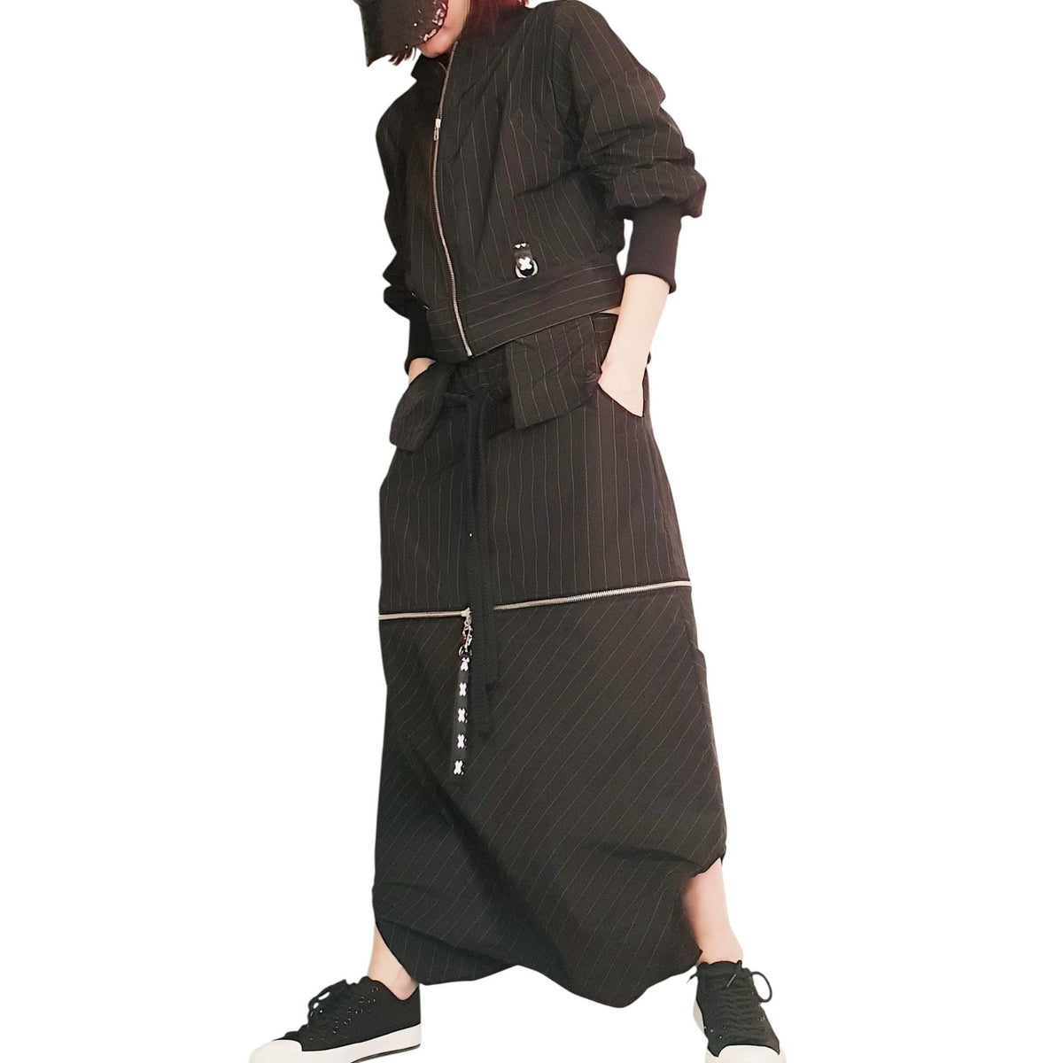Black Pinstripe Asymmetrical Jacket, Long Pants Skirt, Plus Size Cotton Sateen Co-Ord Set