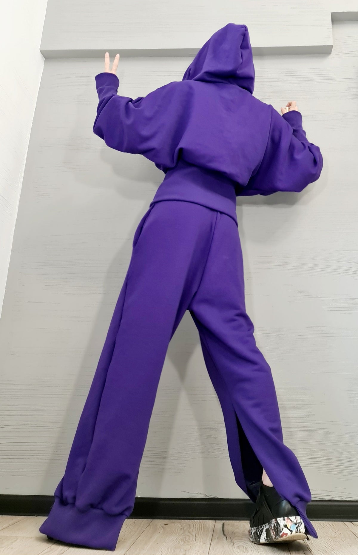 Purple Cotton Drop Crotch Harem Pants, Oversized Hooded Sweatshirt, Split Legs, Two-Piece Co-Ord Set