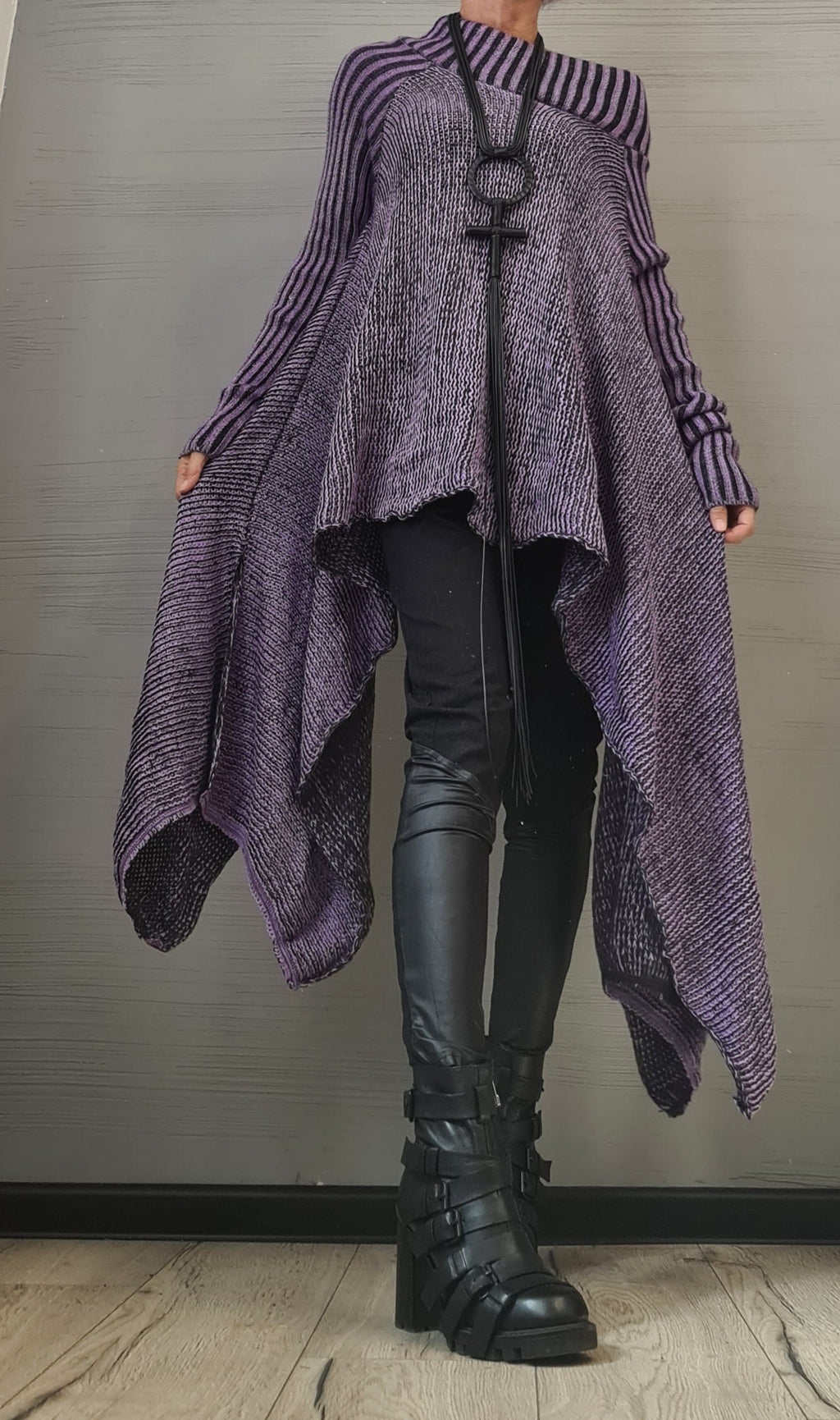 Purple Wool Blend Knitted Blouse, Open Shoulder Sweater, Plus Size Long Sleeve Top