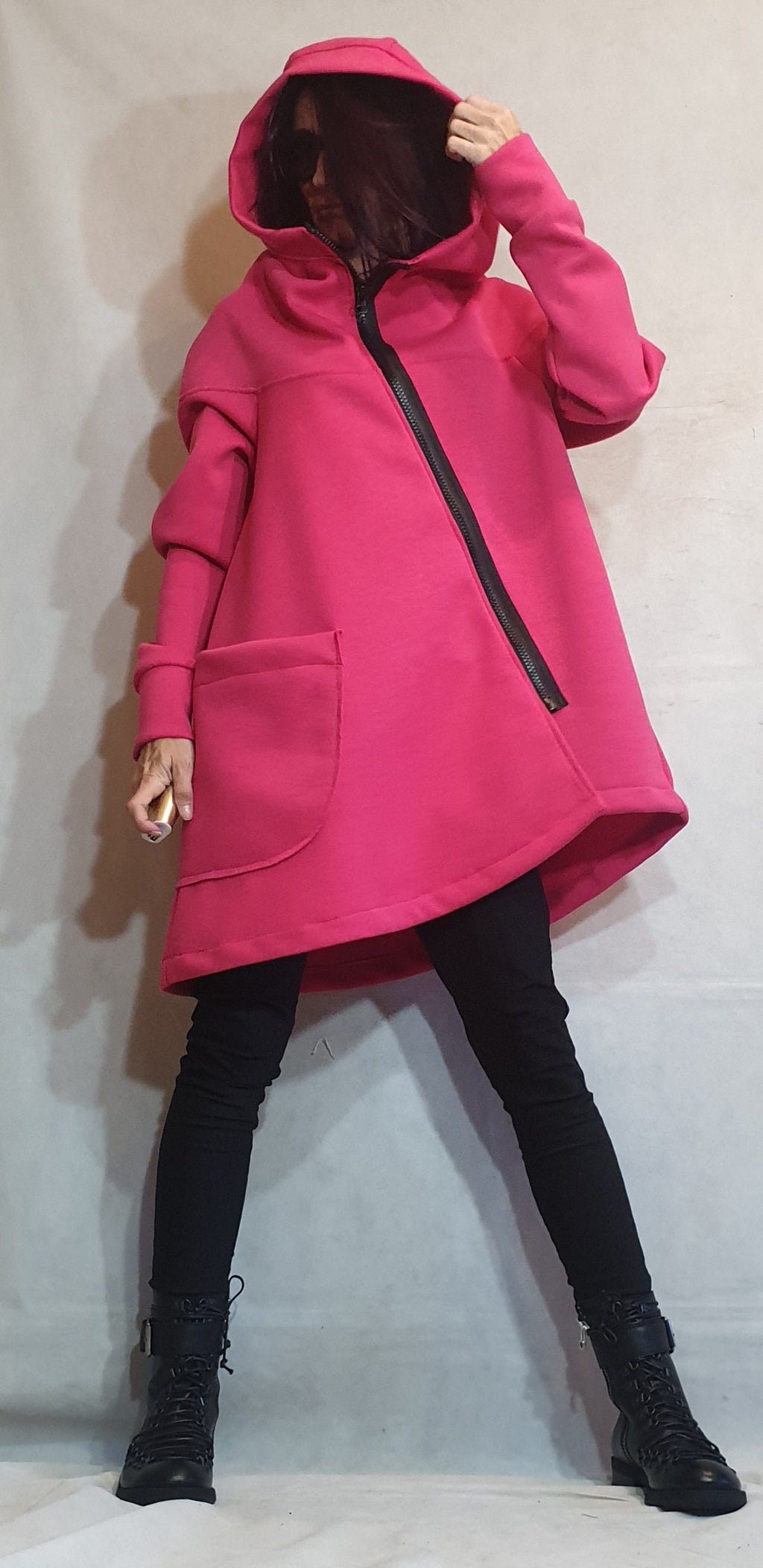Hot Pink Asymmetric Cotton Hoodie, Diagonal Zip, Oversized Hood and Patch Pocket, Plus Size