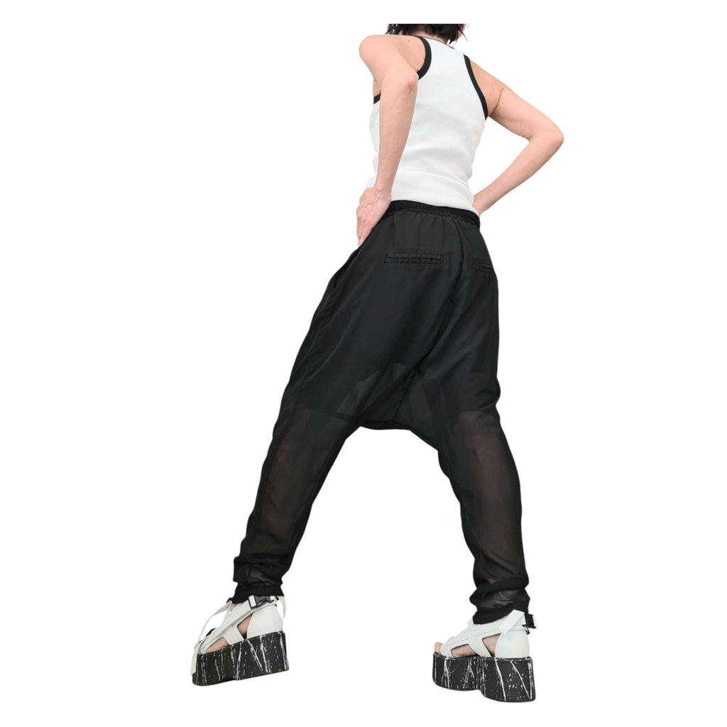 Black Chiffon Harem Pants, Sheer Overlay, French Terry Inner Shorts, Tapered Leg