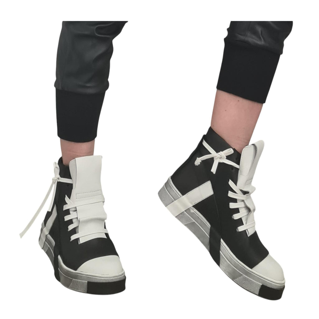 Black White Leather High Top Sneakers, Lace Up Platform Shoes, Handmade Extravagant Footwear