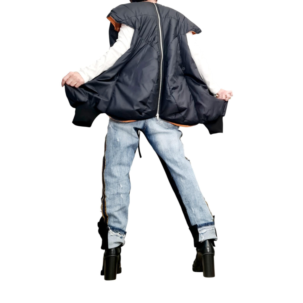 Black and Orange Convertible Puffer Jacket, Zip-Off Sleeves, Quilted Vest Option, Plus Size