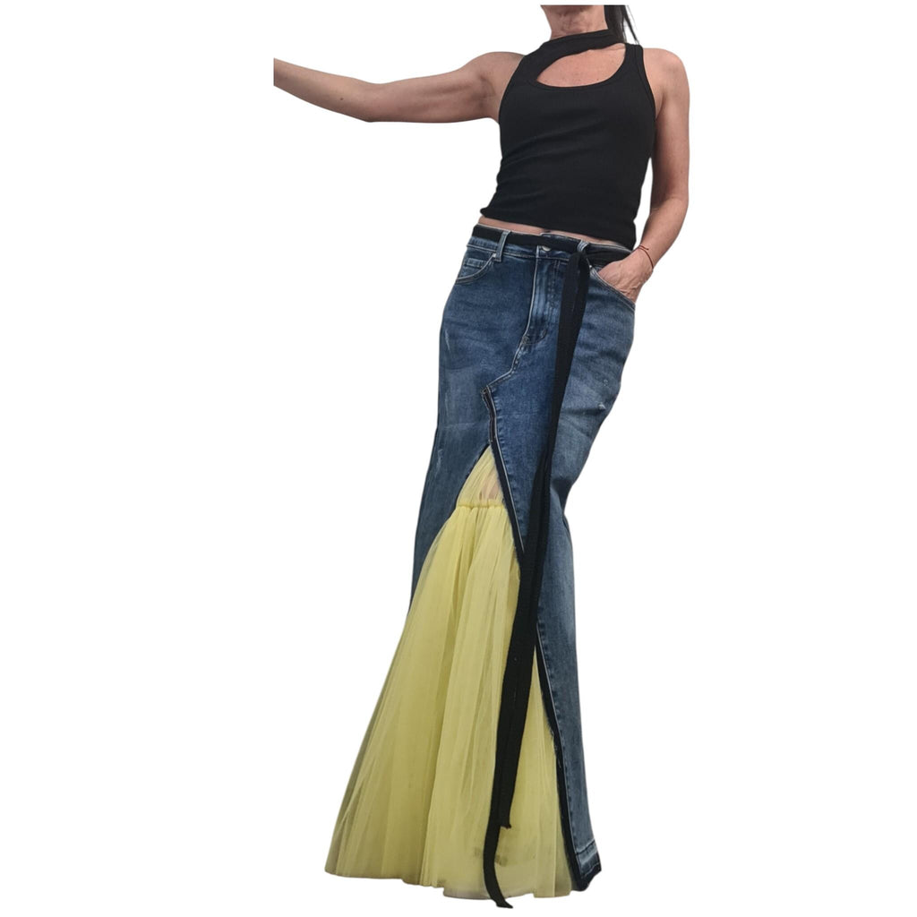 Denim Tulle Maxi Skirt, Asymmetric Plus Sizw Skirt, Deconstructed Womens Clothing