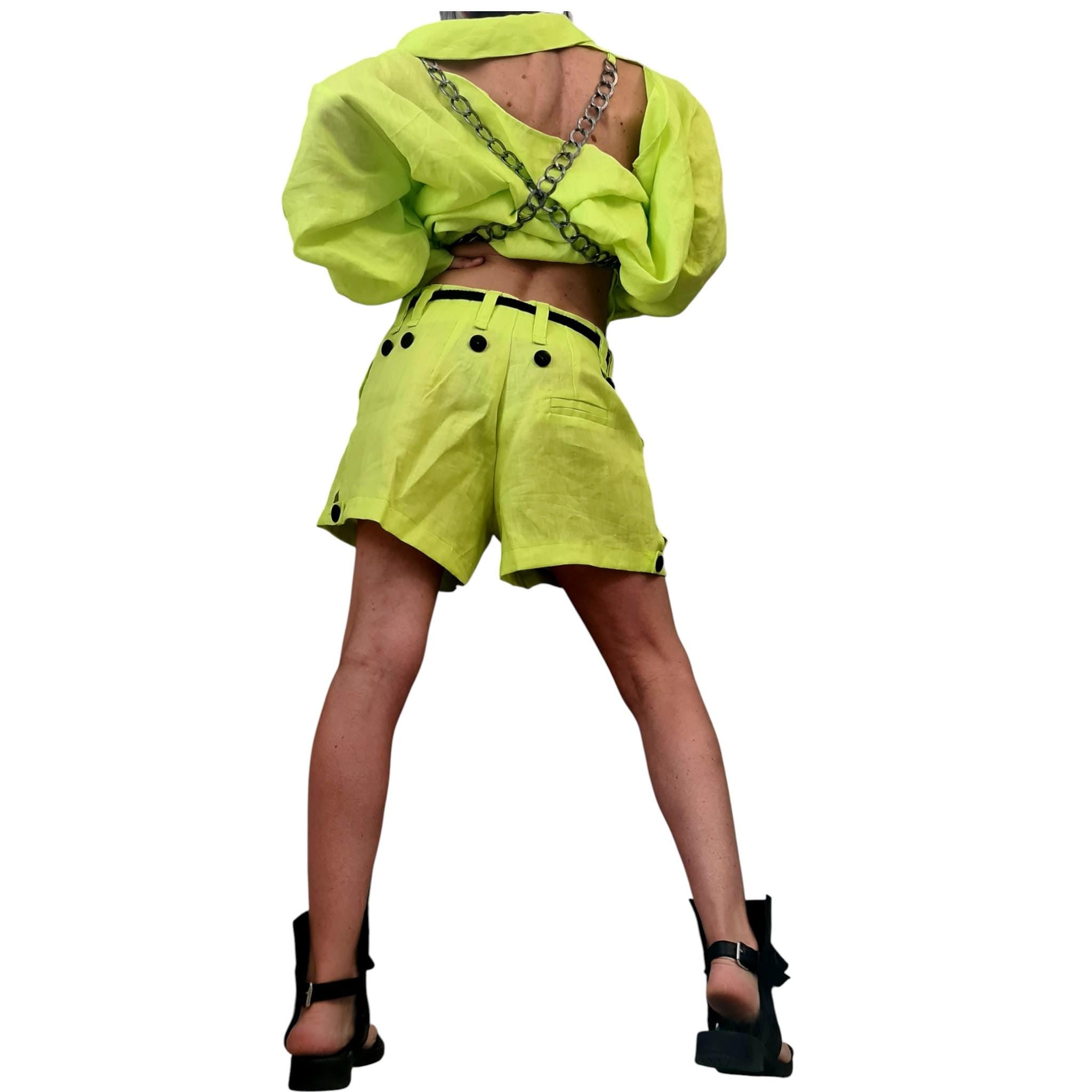 Lime Linen Two Piece Set for Women, Oversized Shirt Shorts, Open Back Avant Garde