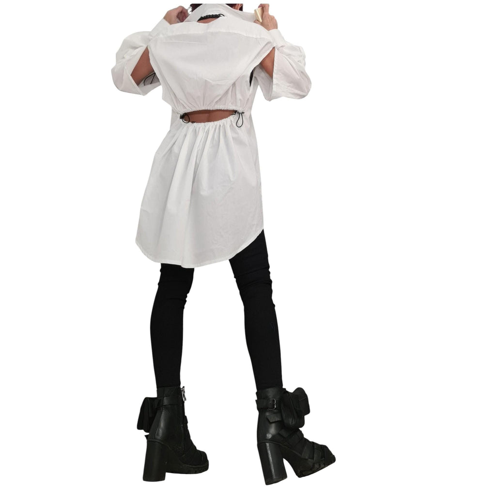Deconstructed Long White Shirt, Open Back, Avant Garde Loose Tunic, Long Short Sleeve