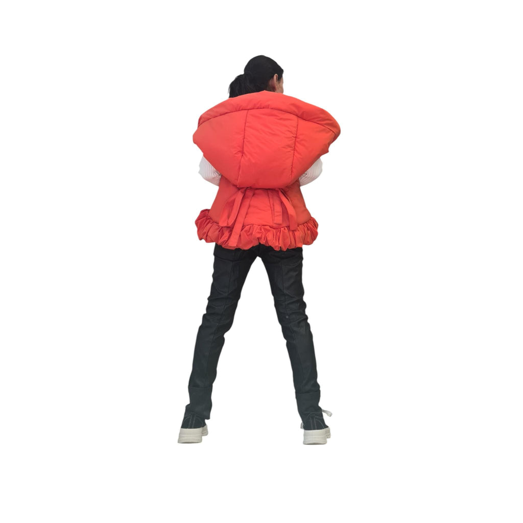 Orange Oversized Puffer Vest, Big Hood Sleeveless Jacket, Ruffled Winter Outerwear