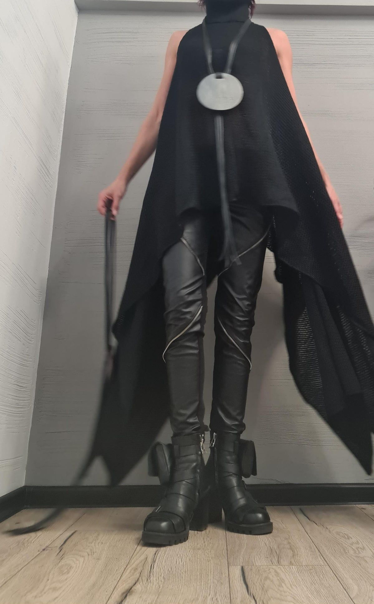 Black Asymmetrical Knit Tunic, High Neck Open Shoulder Sweater, Plus Size Top