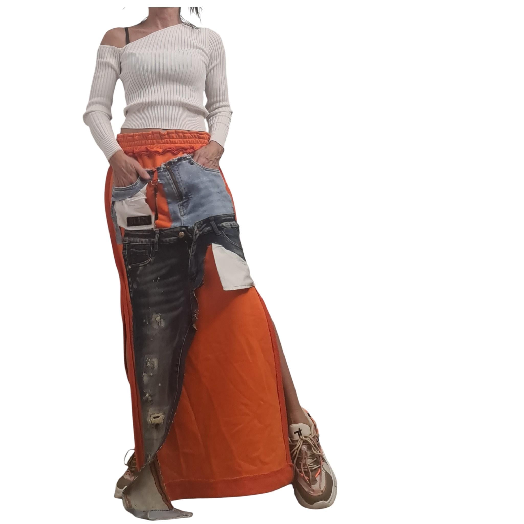 Orange Extravagant Long Skirt, Cotton Denim, Deconstructed Avant Garde Skirt Outside Seam