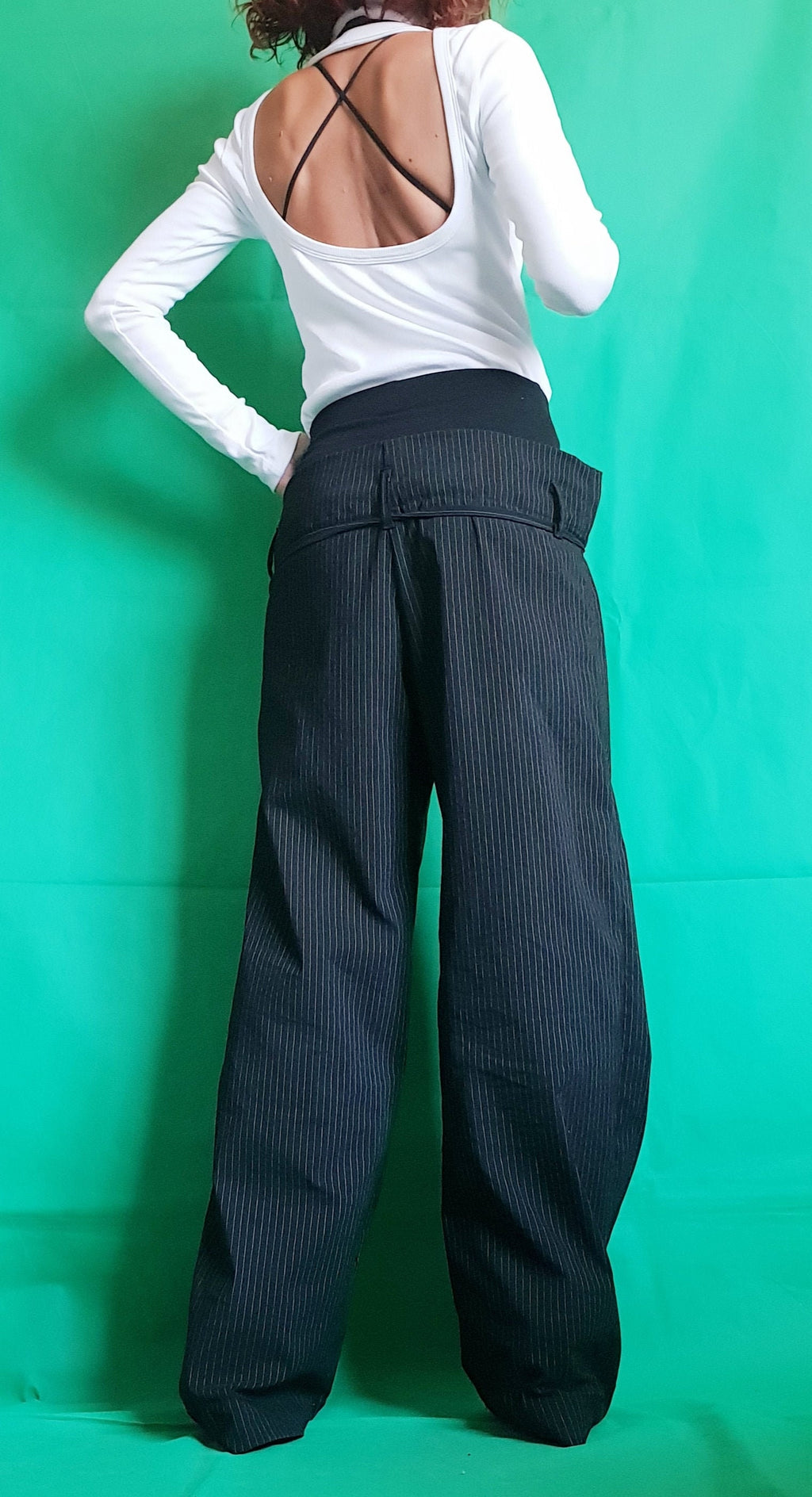 Black Pinstripe Baggy Pants, Double Waistband, Wide Leg Cotton Trousers, Drop Crotch