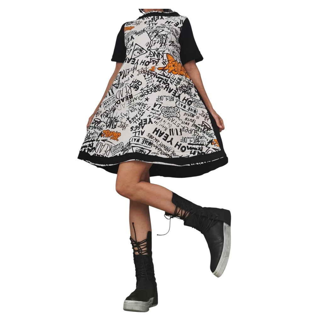 French Terry Dress, Cotton Sweatshirt Tunic, Black and White, Graffiti Print, Avant Garde Clothing