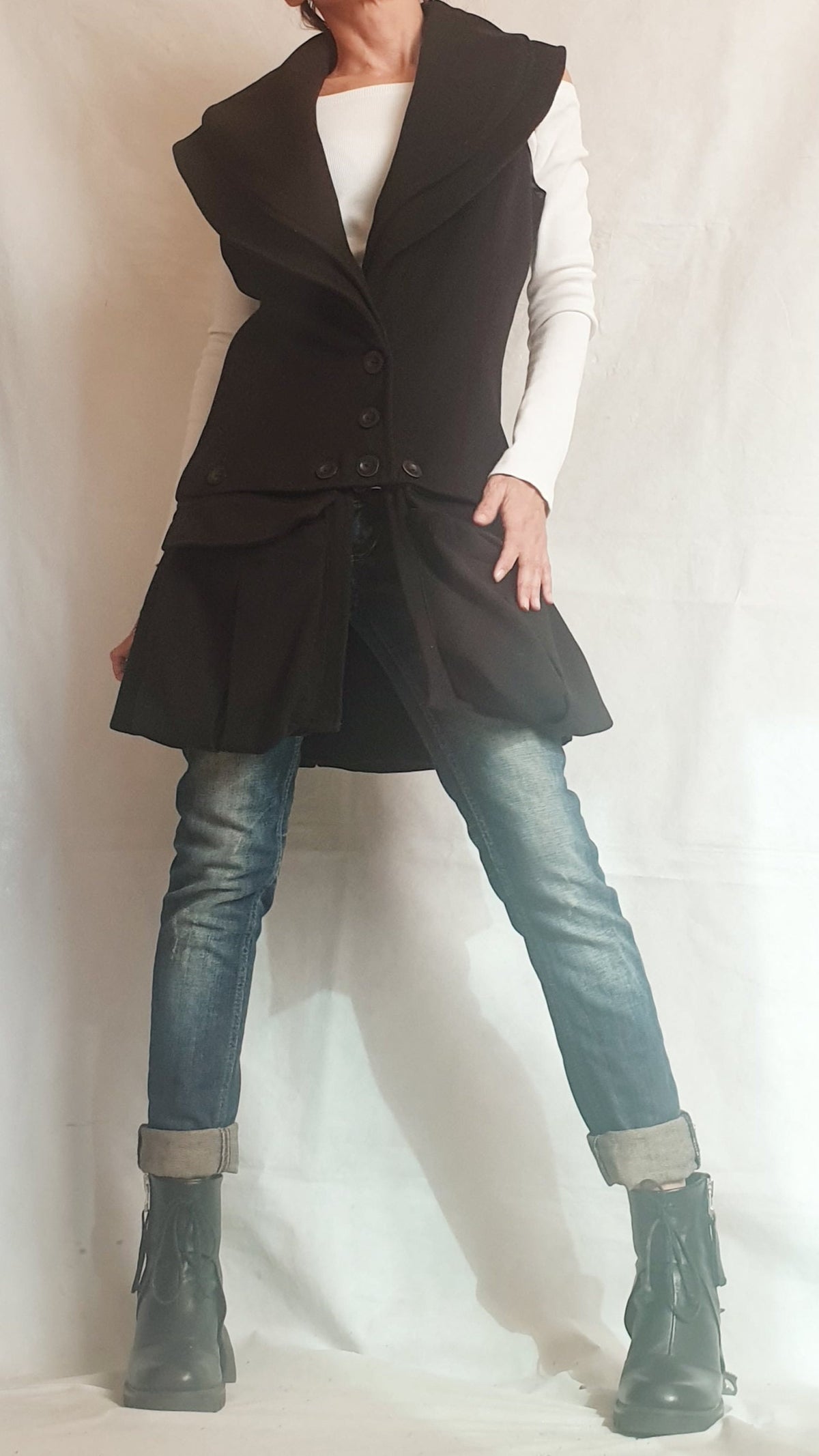 Black Convertible Wool Vest, Detachable Cargo Pocket Panel, Asymmetric Design, Plus Size