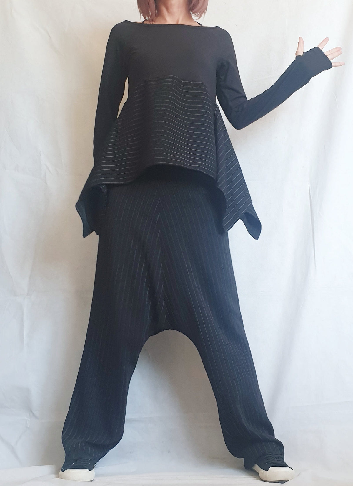 Black Pinstripe Drop Crotch Harem Pants, Asymmetrical Long Tunic, Thumbhole Sleeves, Two-Piece Co-Ord Set