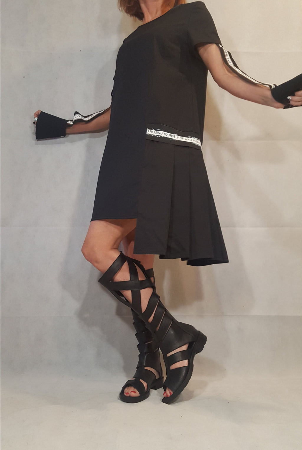 Black Asymmetric Dress, Gothic Tunic, Short Long Sleeve, Avant Garde Dress for Women
