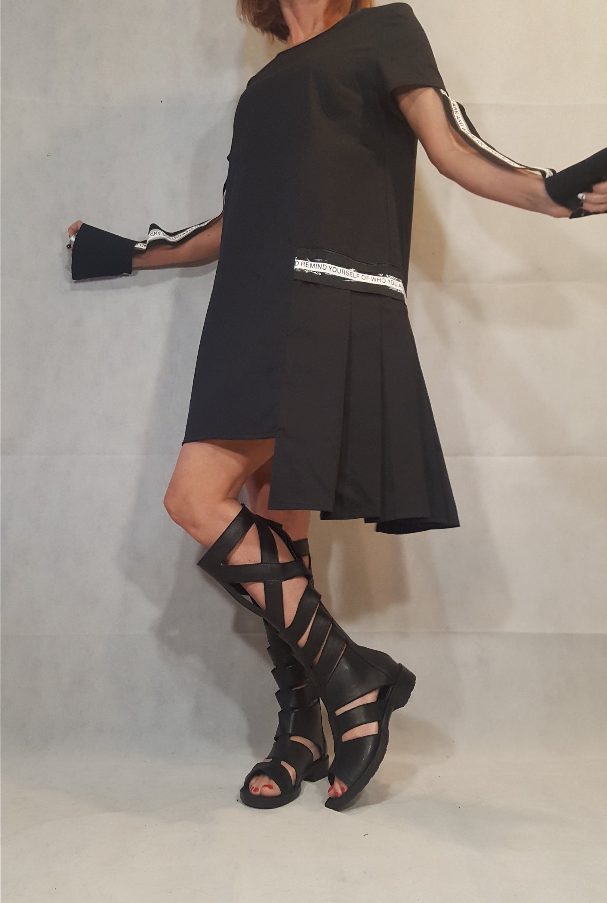 Black Asymmetric Dress, Gothic Tunic, Short Long Sleeve, Avant Garde Dress for Women
