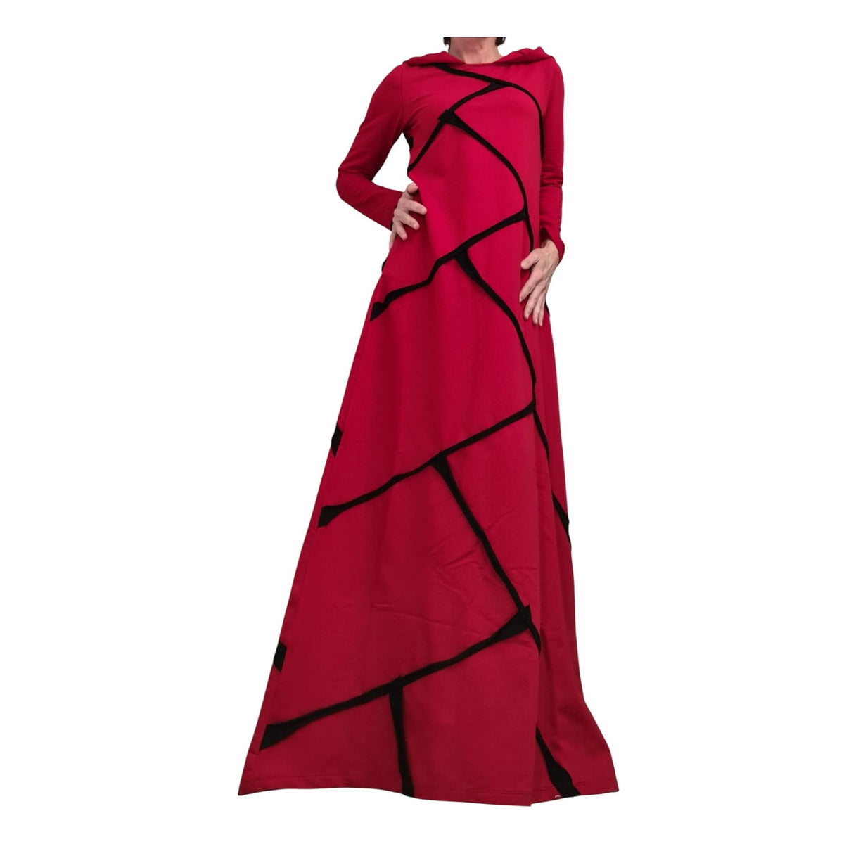 Long Hooded Red Cotton Dress, Plus Size Extravagant Gown