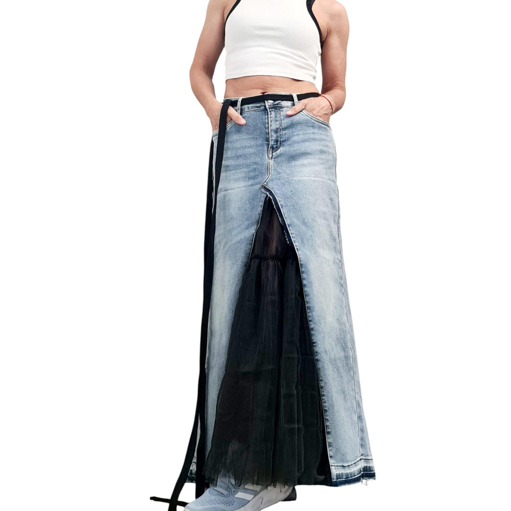 Extravagant Asymmetric Denim Tulle Skirt, Deconstructed Avant Garde Maxi Skirt