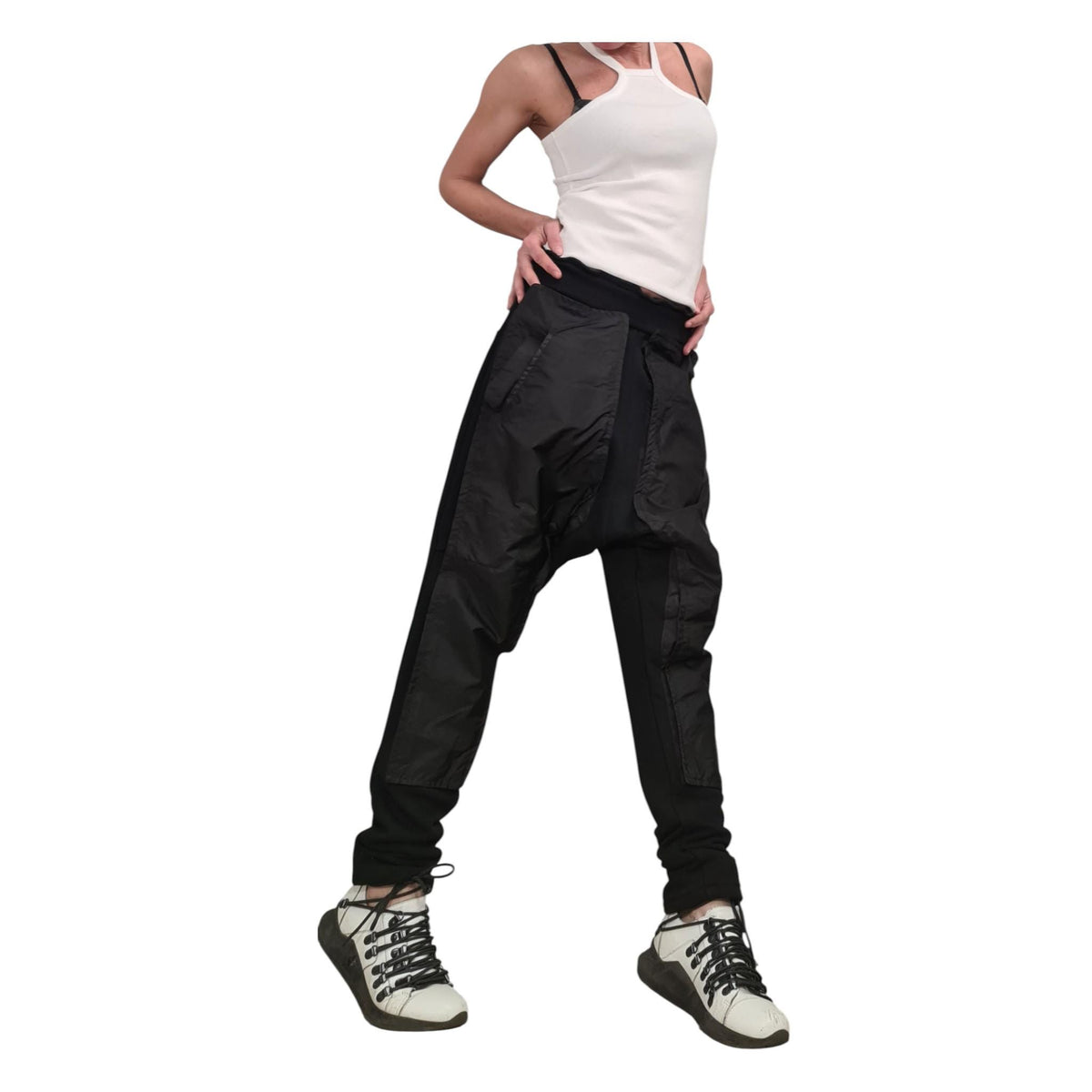 Black French Terry Baggy Harem Pants, Drop Crotch Cargo Trousers