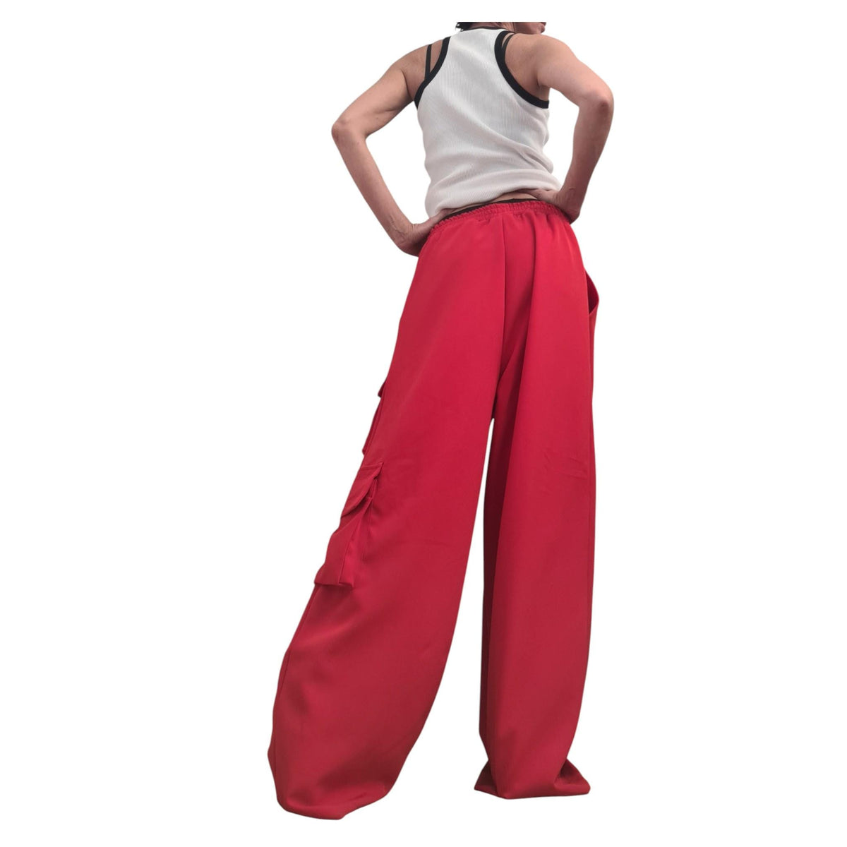 Red Cargo Trousers, Wide Leg, High Waist, Designer Bottoms