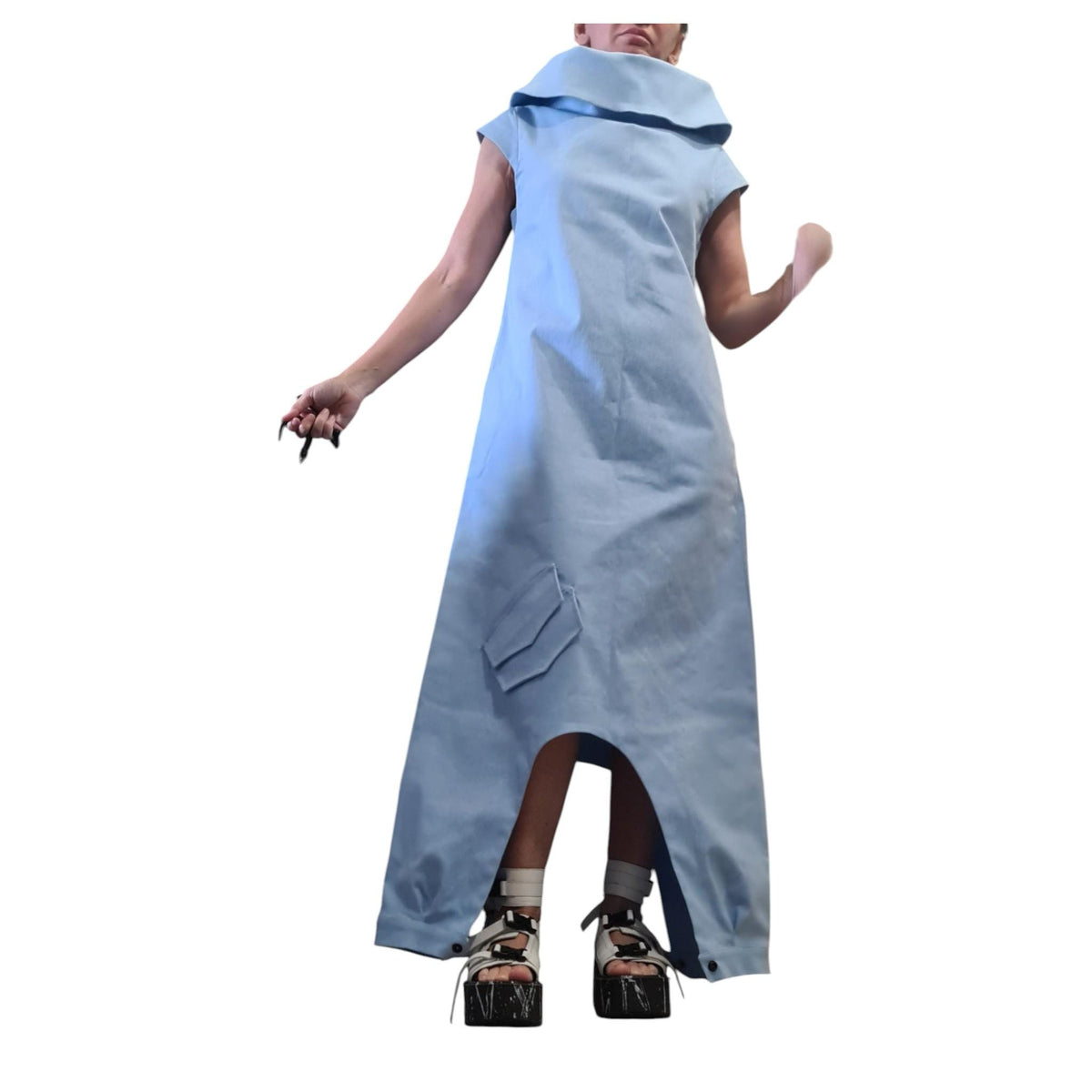 Light Blue Denim Jumpsuit Dress for Women, Asymmetric Harem Overall, Wide Leg Outfit