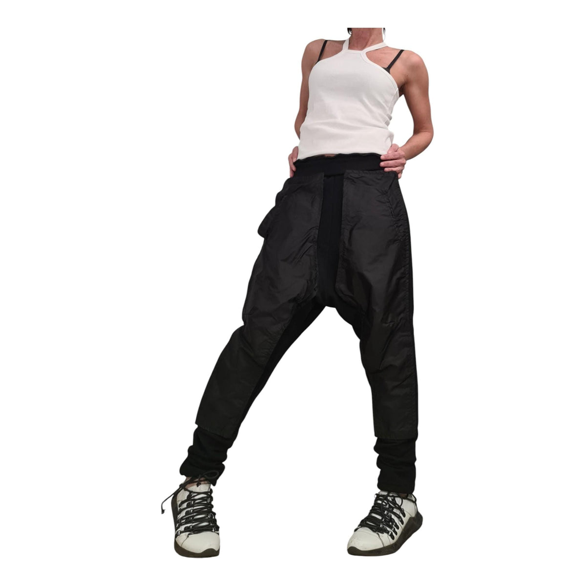 Black French Terry Baggy Harem Pants, Drop Crotch Cargo Trousers