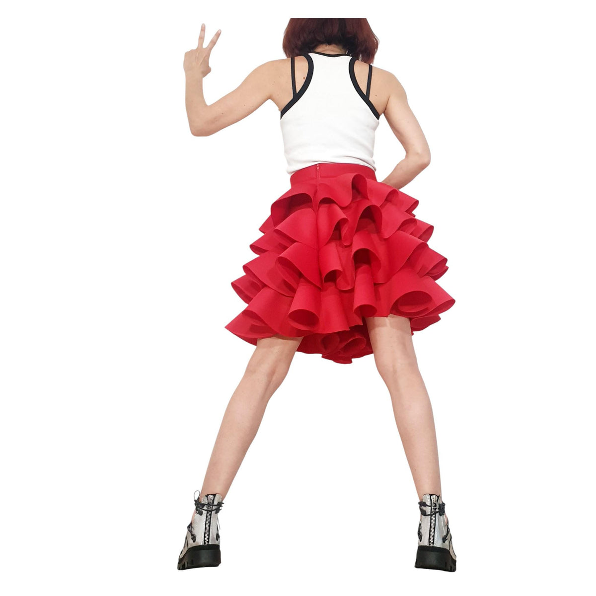 Red Neoprene Circle Skirt, Asymmetric Ruffle Ball