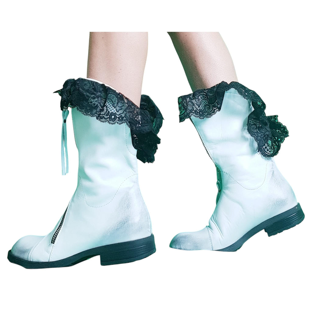White Leather Closed Toe Ankle, Handmade Lace Wedding Shoes, Winter Boots for Women