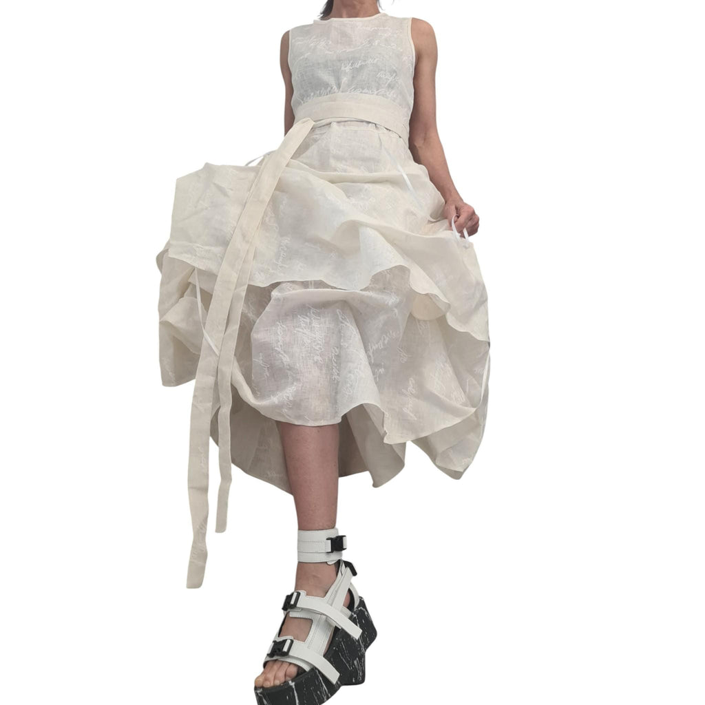 Champagne Linen Asymmetric Dress for Women, Sleeveless Layered Midi Dress, Graphic Sculptural Skirt Avantgarde