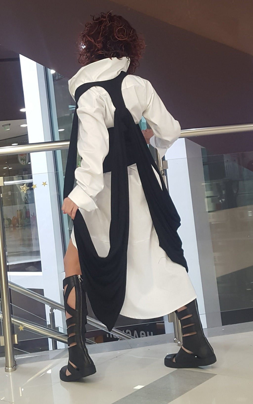 Asymmetric White Tunic Shirt with Extravagant Vest, Avant Garde Cotton Textile