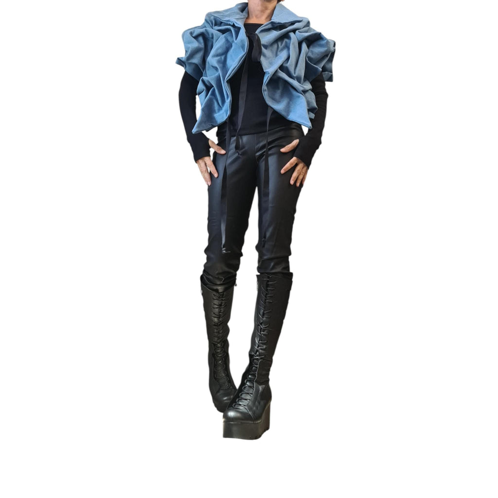 Blue Denim Ruffle Vest, Oversized Sleeveless Jacket, Boho Asymmetric Gilet