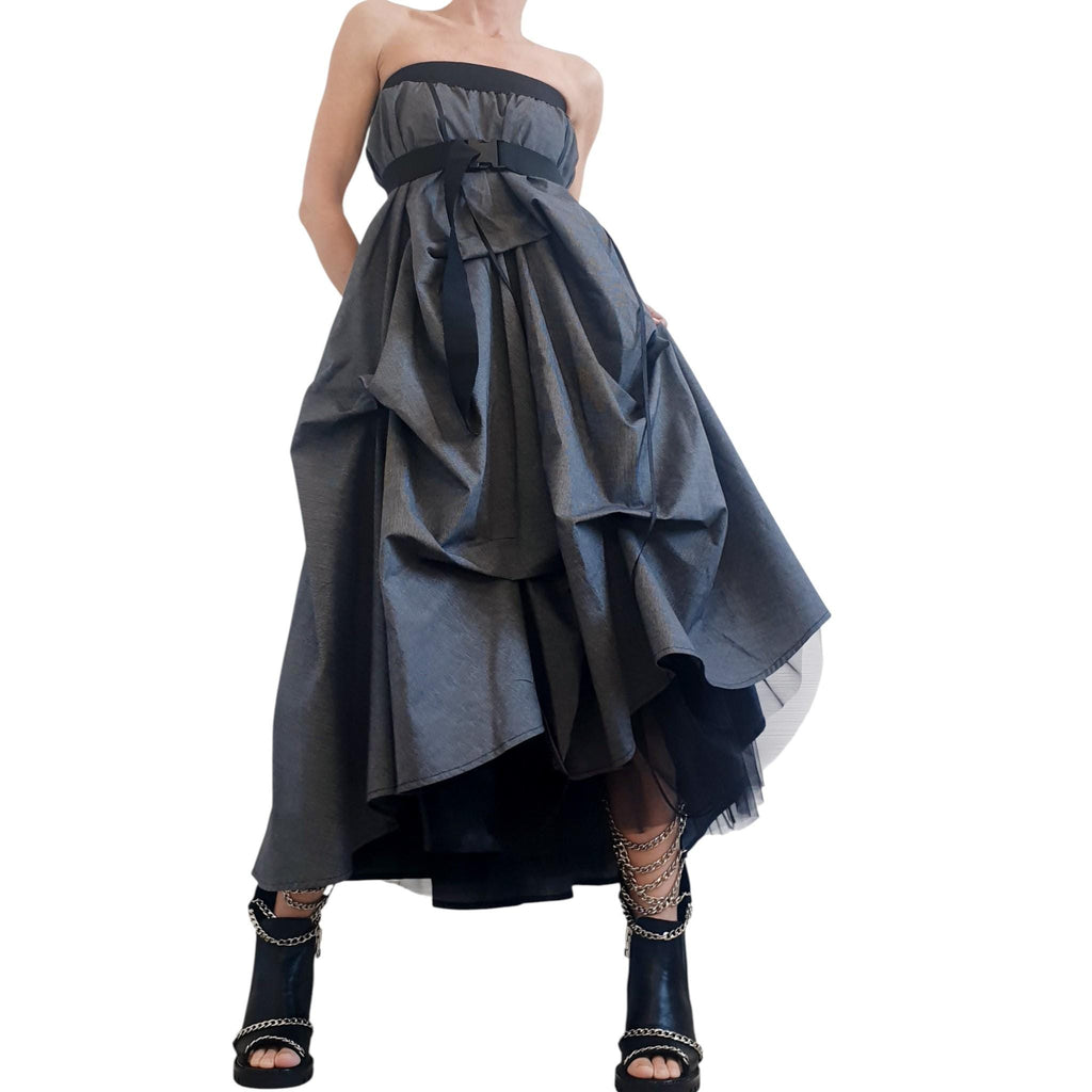 Dark Grey Cotton Sateen Maxi Skirt Dress, Adjustable Drawstrings, Layered Tulle, Convertible Design