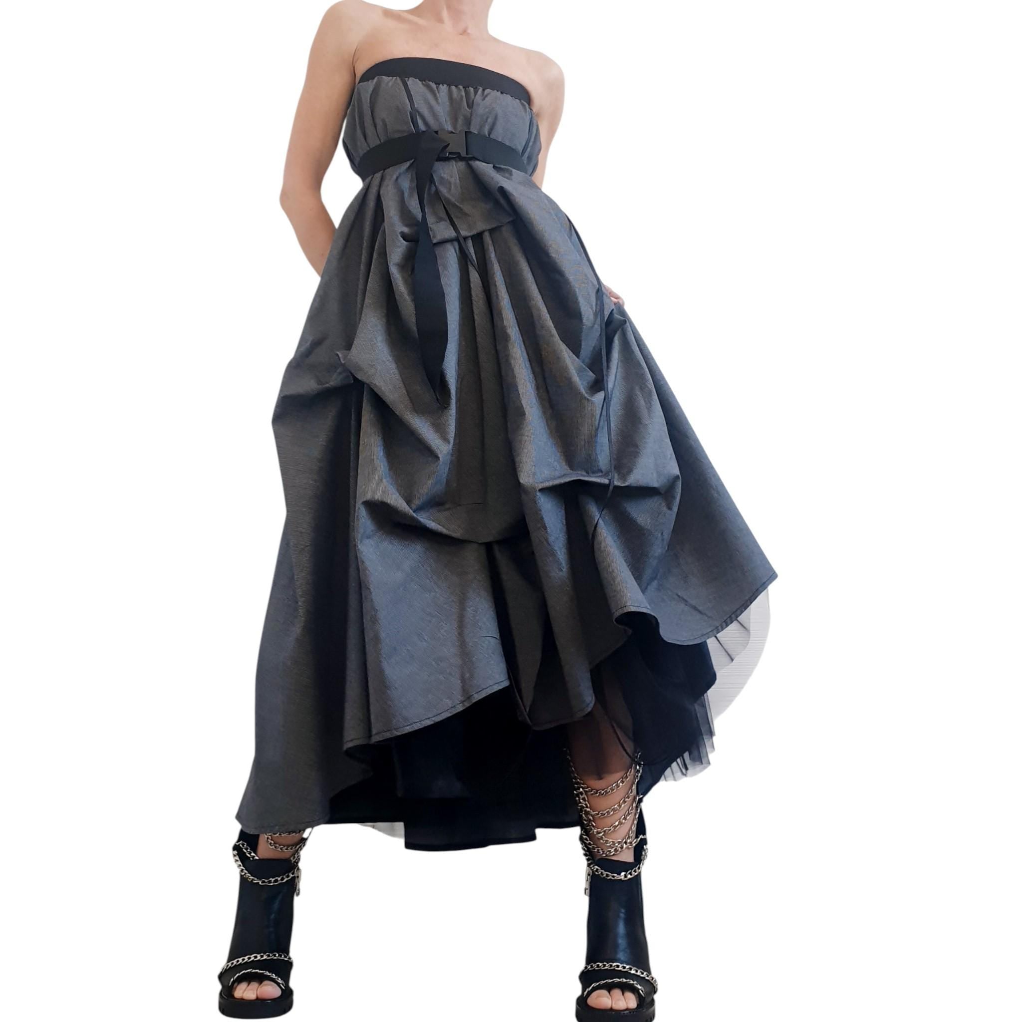 Dark Grey Cotton Sateen Maxi Skirt Dress, Adjustable Drawstrings, Layered Tulle, Convertible Design