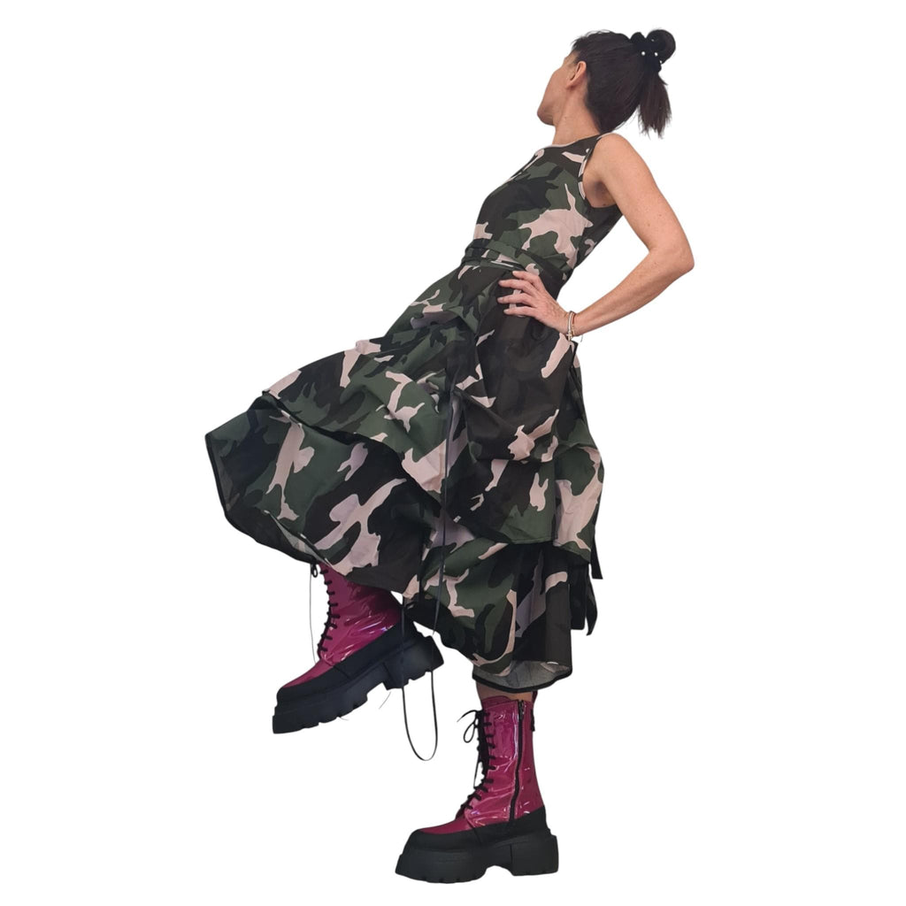 Camouflage Cotton Dress, Avant Garde Layered, Military Print Midi Oversized Dress, Extravagant Handmade Clothing