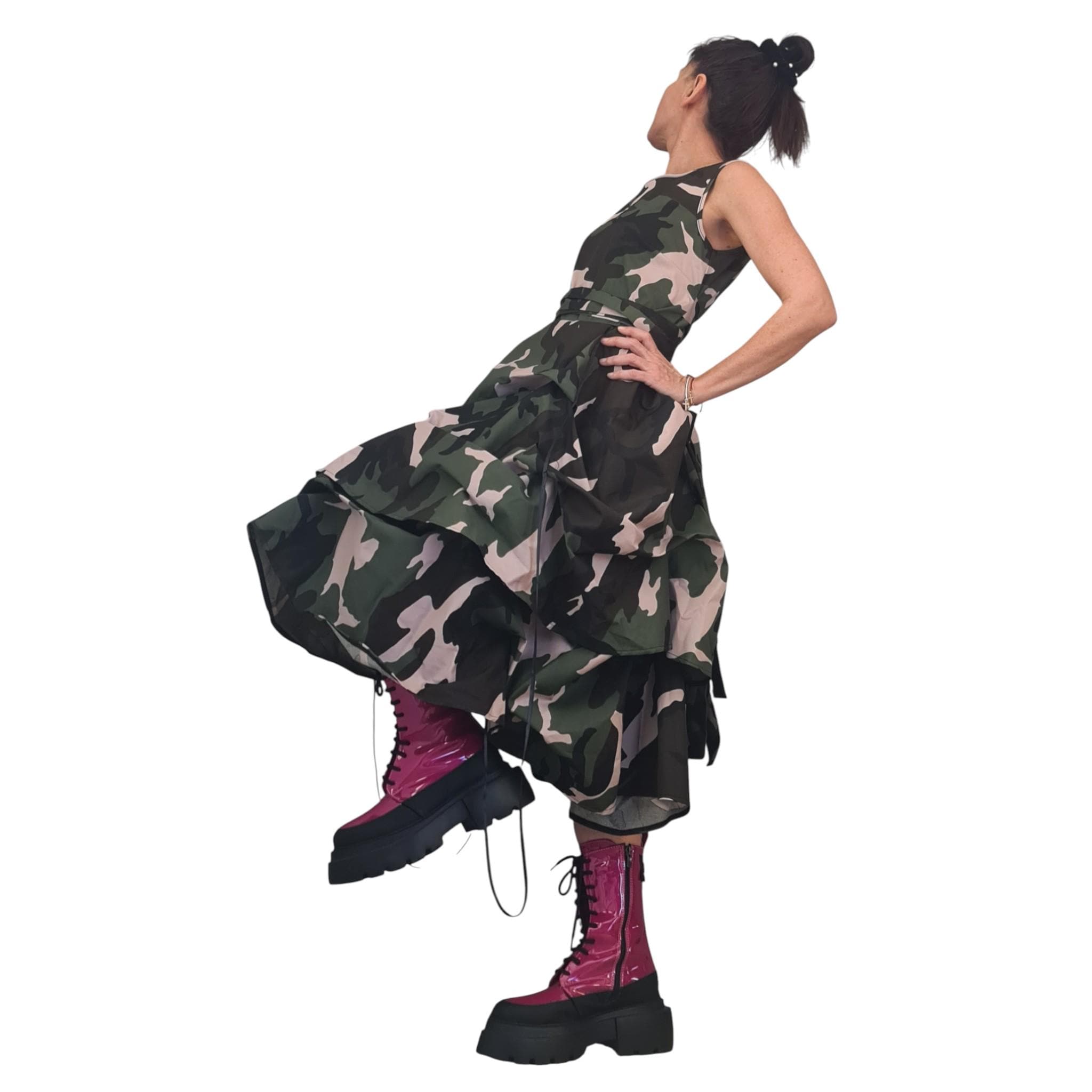 Camouflage Cotton Dress, Avant Garde Layered, Military Print Midi Oversized Dress, Extravagant Handmade Clothing