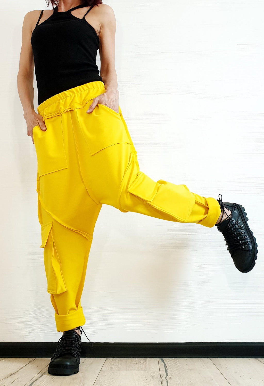 Yellow French Terry Harem Pants, Women's Baggy Trousers, Boho Festival Style