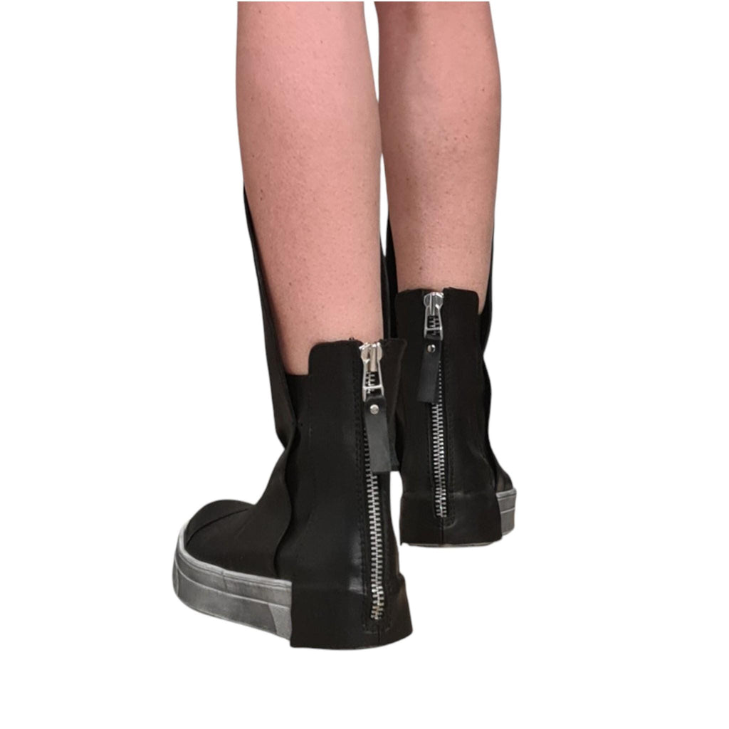Black Leather Platform Sneakers for Women, Avant Garde High Tongue Boots with Back Zipper