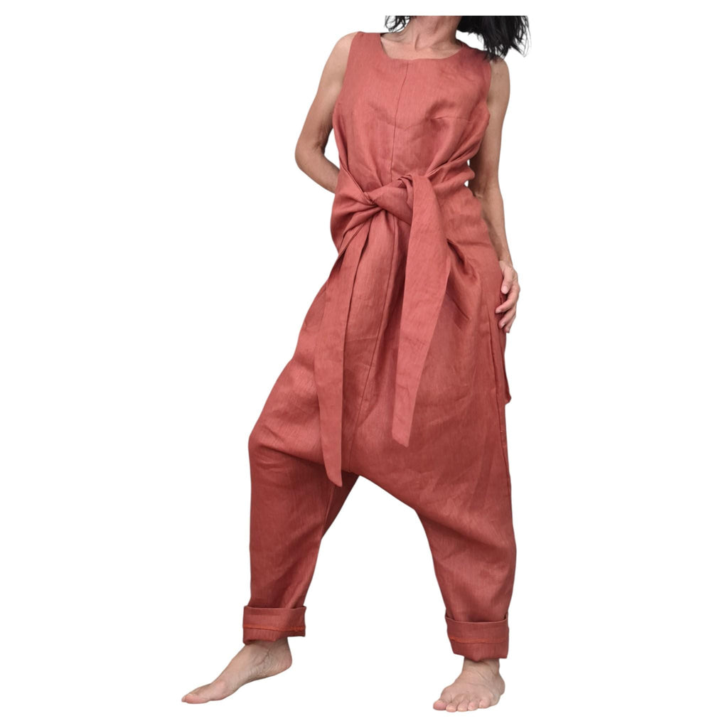 Terracotta Linen Jumpsuit, Asymmetric Harem Overall, Wide Leg Sleeveless Jumpsuit, Oversized Clothing for Women