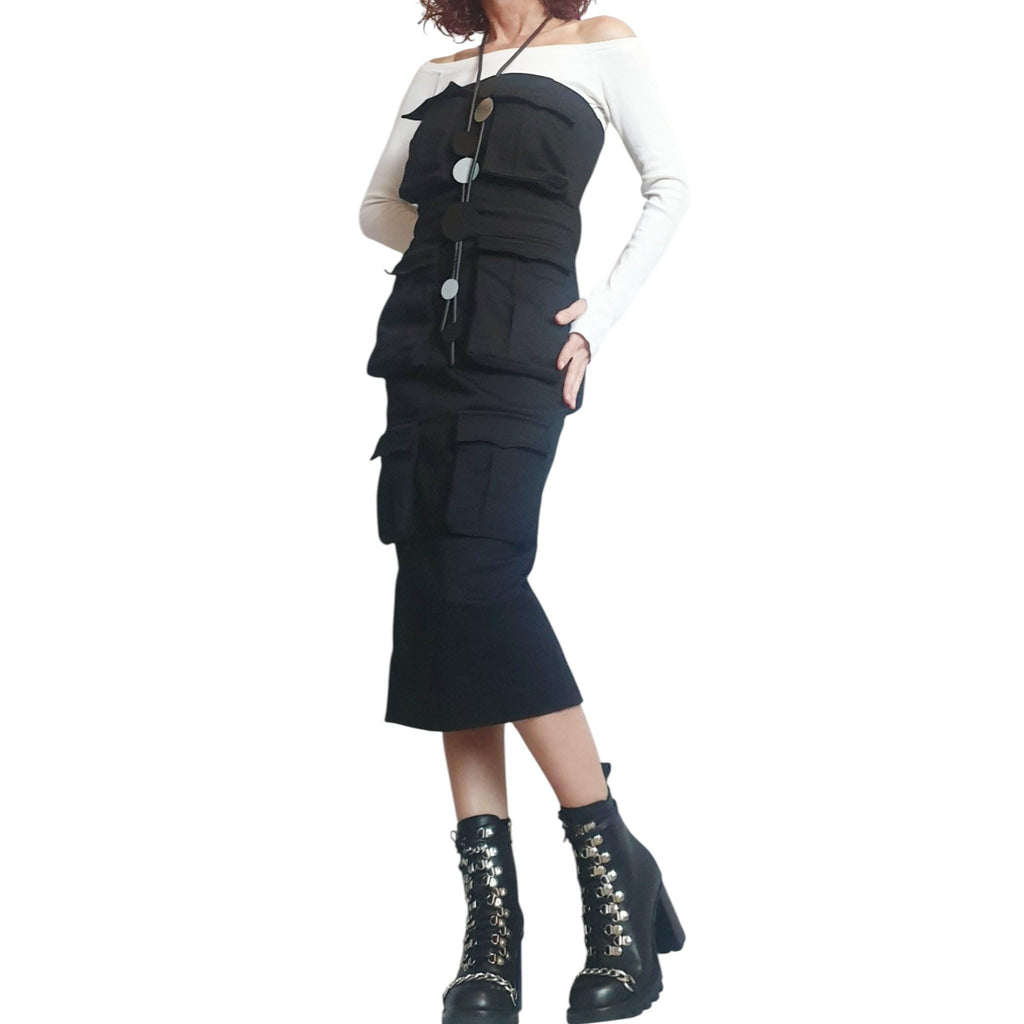 Extravagant Black Denim Рocket Dress, Gothic Dress, Asymmetric Cocktail Fit Dress,