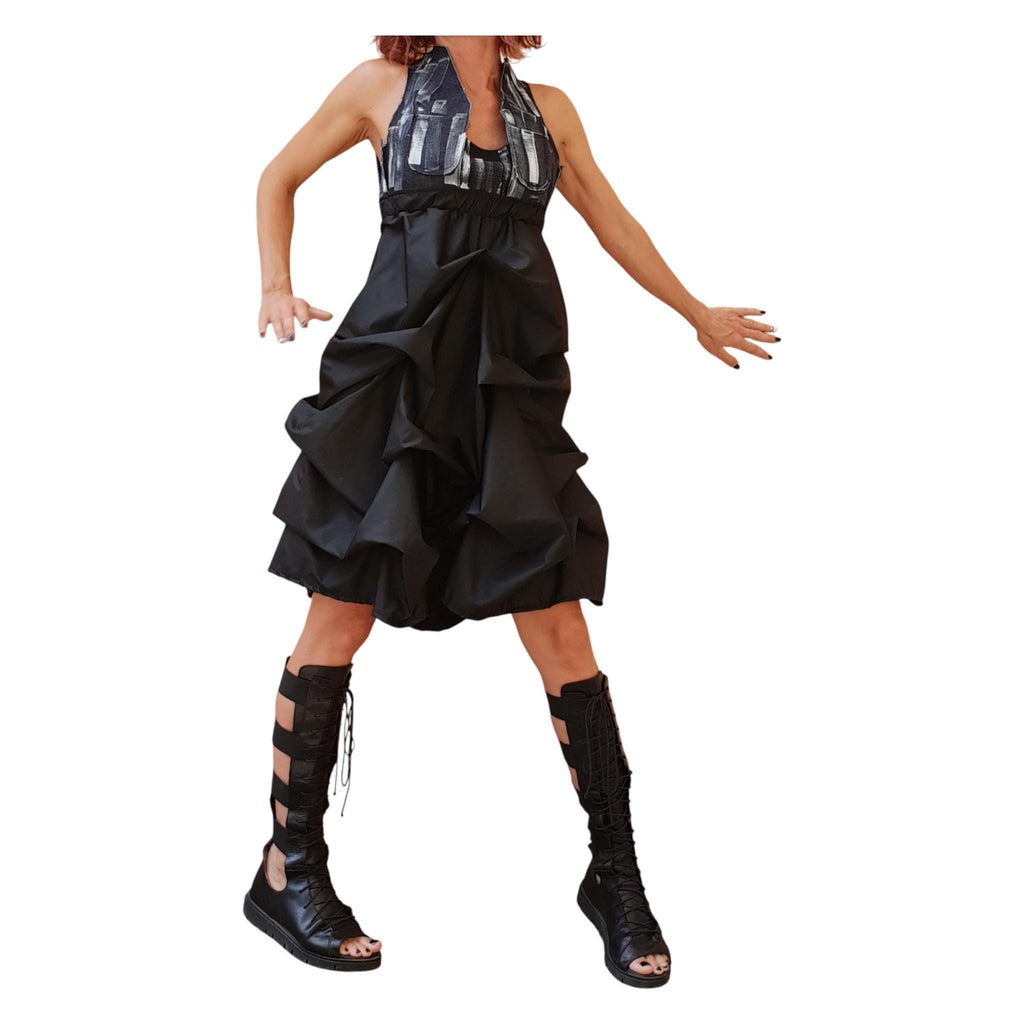 Open Back Maxi Dress, Denim Top Black Bottom Dress, Oversized Avant Garde Clothing