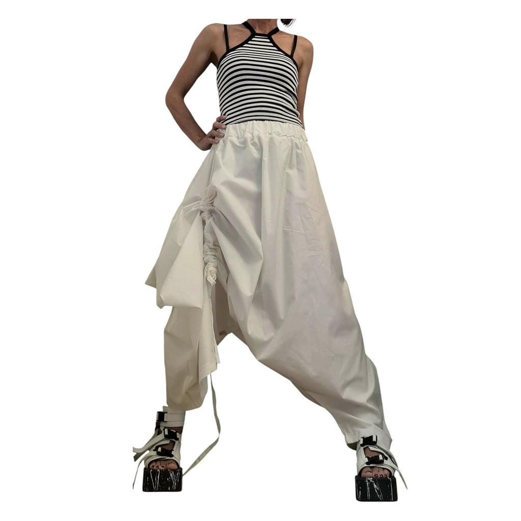 White Asymmetric Harem Pants Skirt, Adjustable Wrap, Drop Crotch Trousers