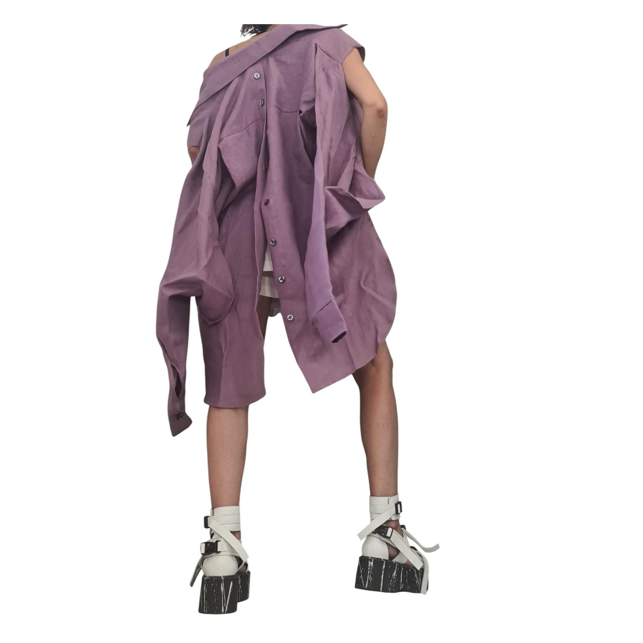 Lavender Linen Shirt, Asymmetric Open Back Top