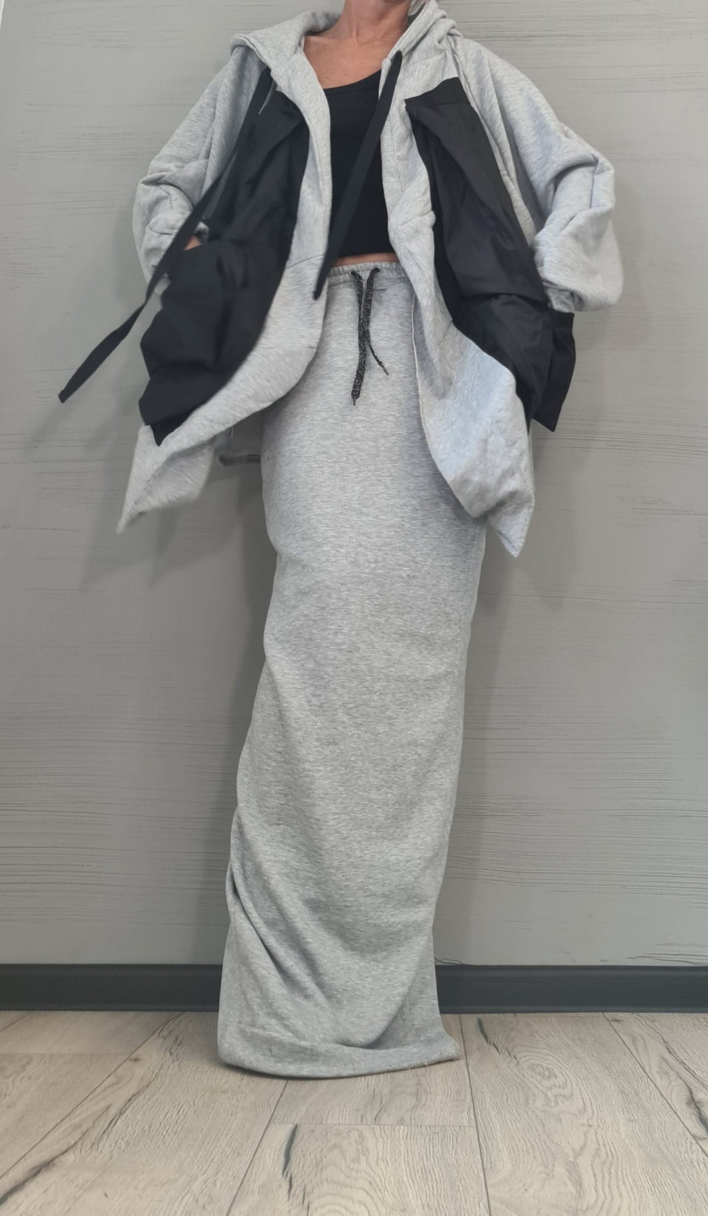 Grey Cotton Maxi Pencil Skirt, Oversized Hooded Sweater, Co-Ord Set
