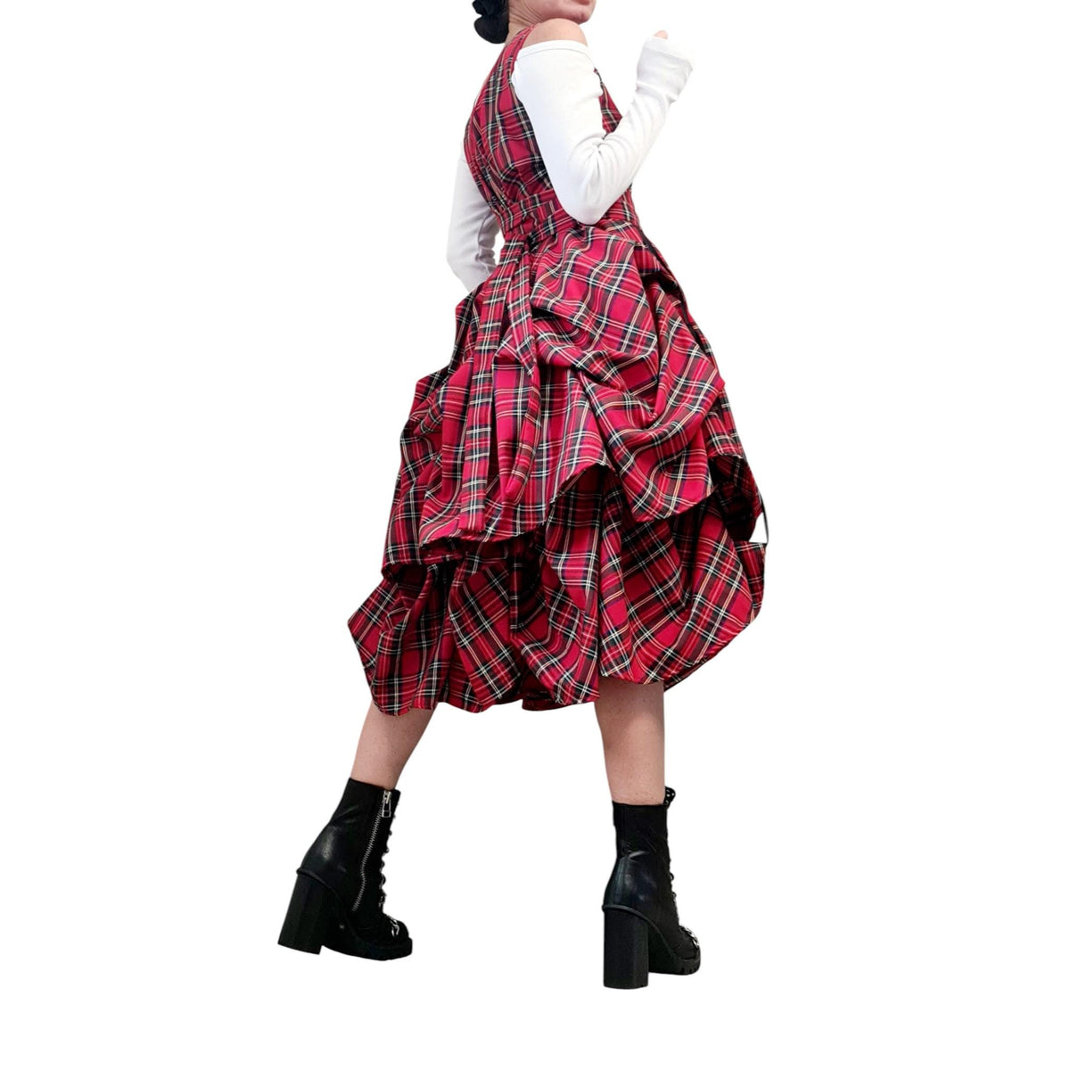 Red Tartan Asymmetric Gown | Sleeveless Knee-Length Dress with Adjustable Volume Skirt