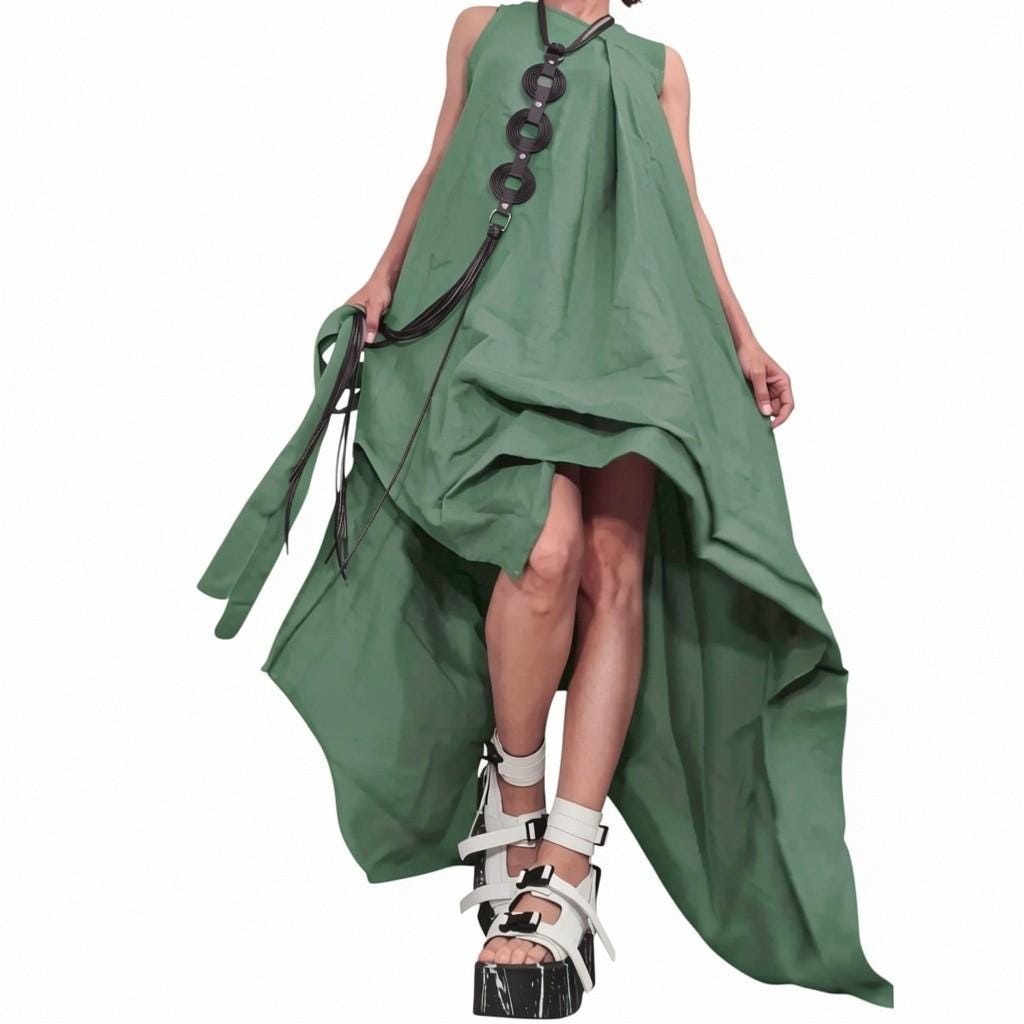 Olive Green Linen Maxi Dress, Asymmetric Oversize Boho Dress, Wedding Guest Outfit