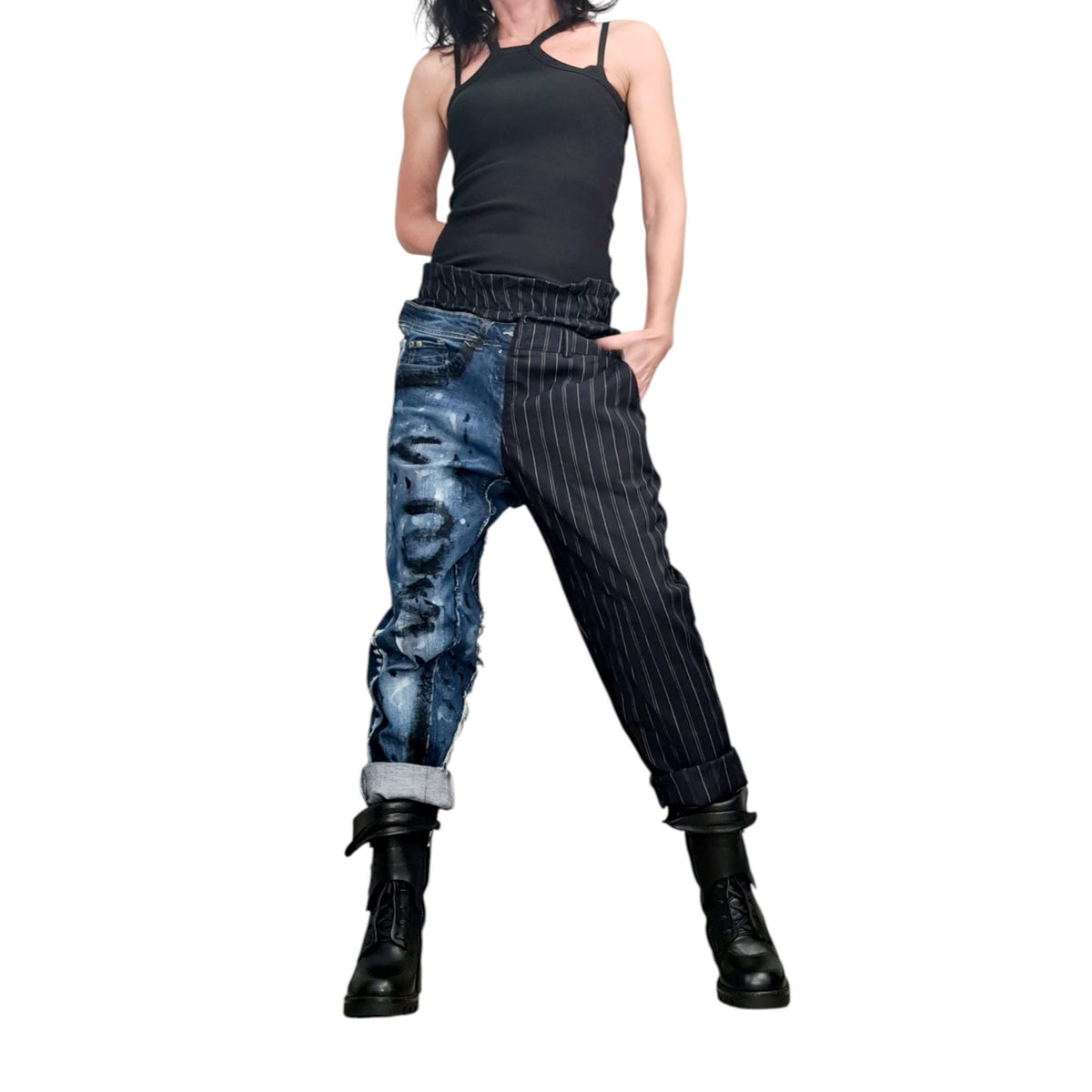 Asymmetric Patchwork Denim Pants, Mixed Fabric Trousers, Paint Splatter