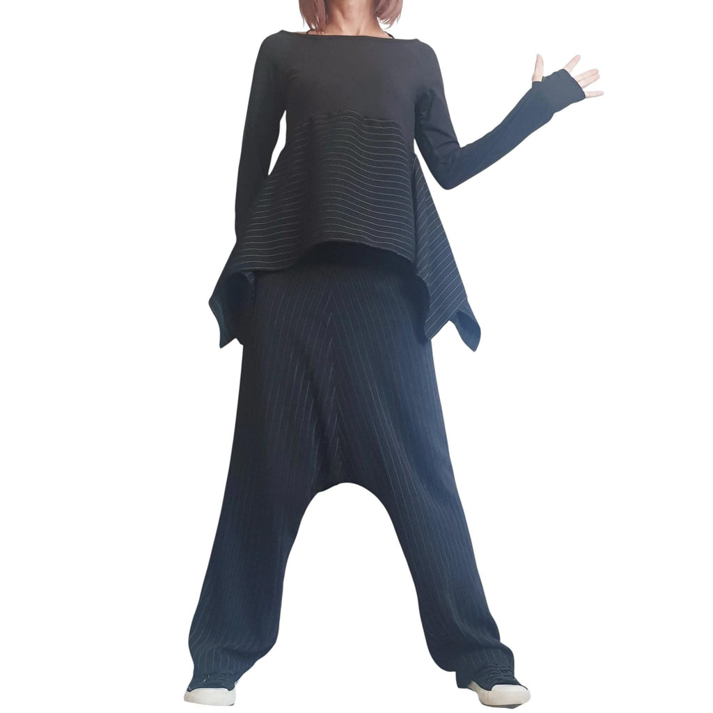 Black Pinstripe Drop Crotch Harem Pants, Asymmetrical Long Tunic, Thumbhole Sleeves, Two-Piece Co-Ord Set