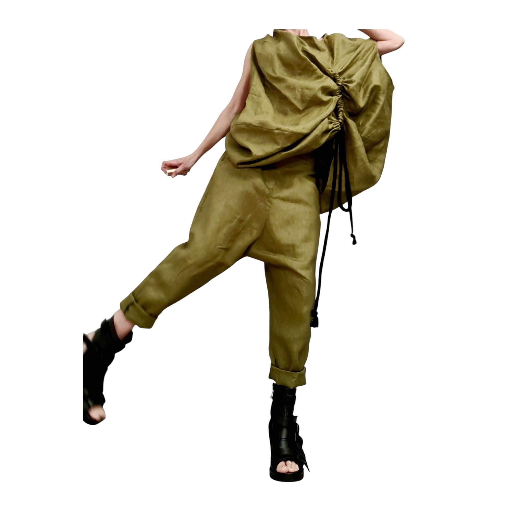 Military Green Linen Set – Avant Garde Drop Crotch Pants and Tunic