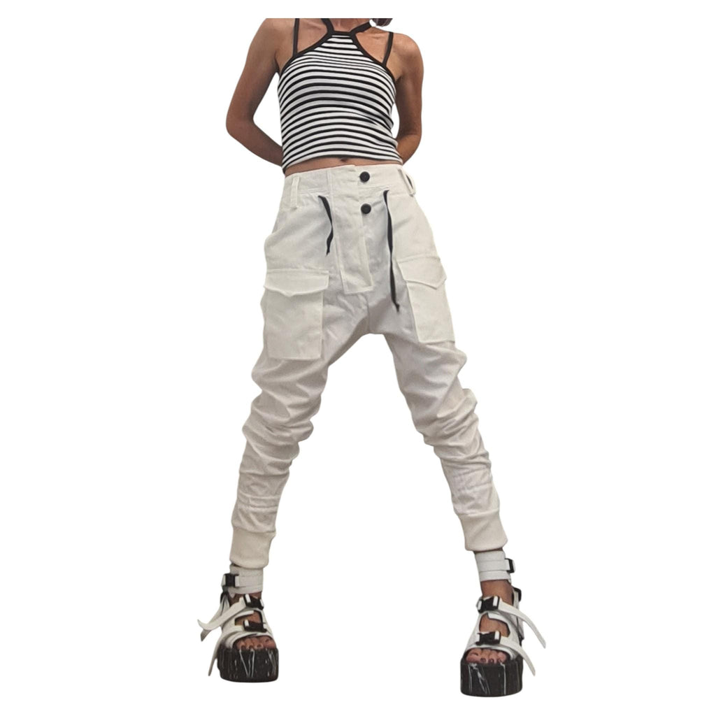 White Cargo Harem Pants, Drop Crotch Tapered Leg, Alternative Bridal Outfit